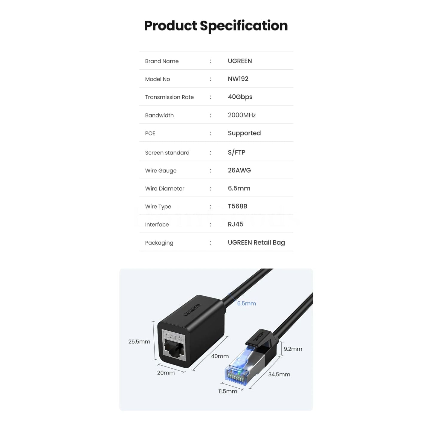 Ugreen Cat8 Ethernet Extension Cable 40Gbps Rj45 For Router Pc Laptop Ps5 301635