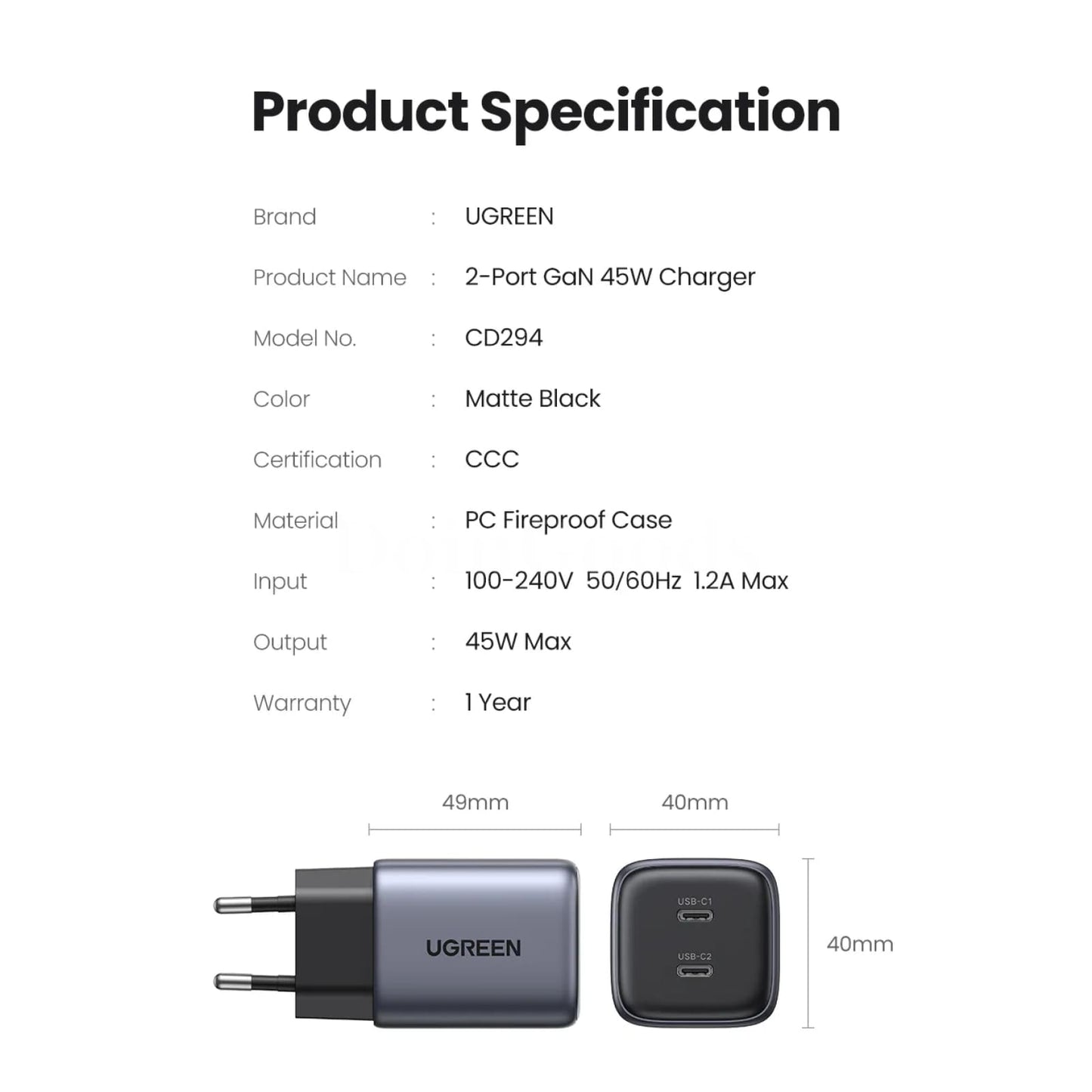 Ugreen Gan 45W Usb Charger Fast Pd Qc 3.0 C Quick Iphone Samsung 301635