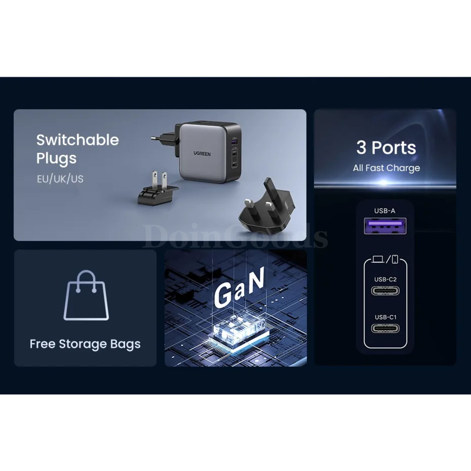Ugreen Gan 65W Travel Adapter All-In-One Usb Port Type C Wall Charger Us Eu Uk 301635