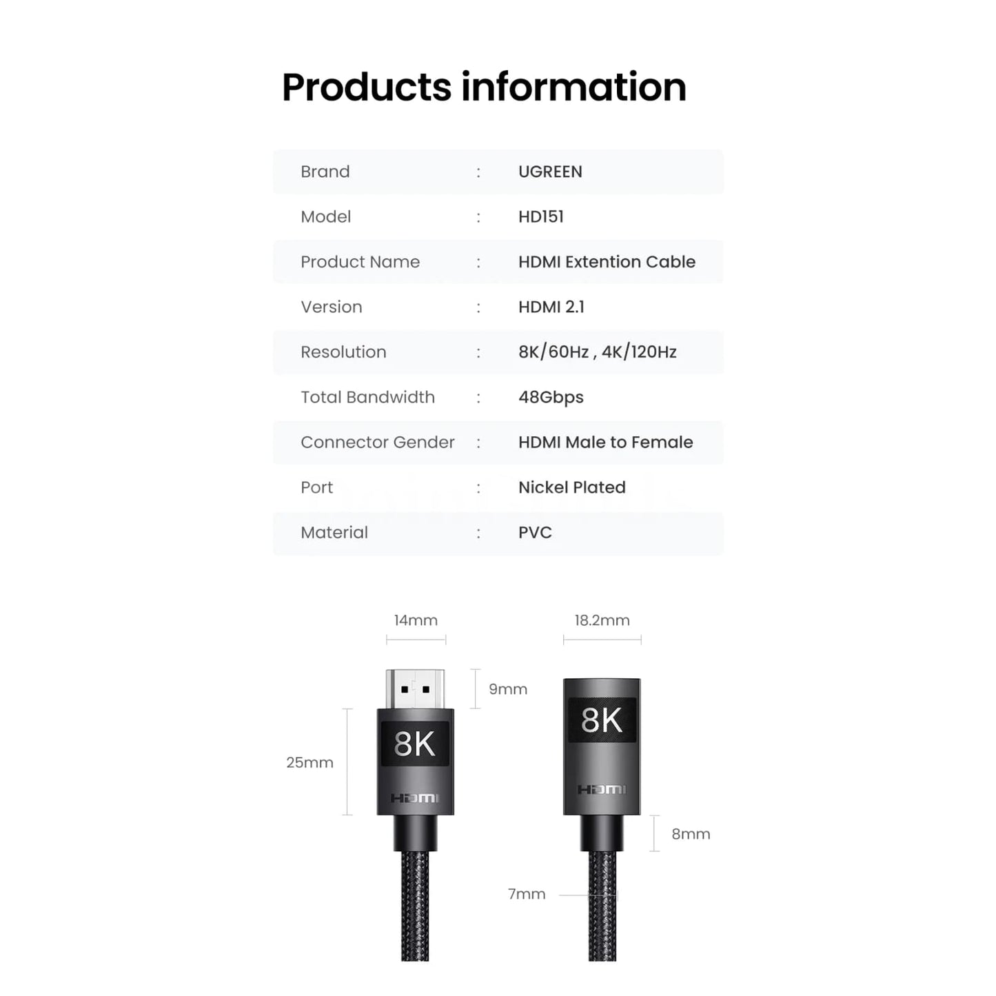 Ugreen Hdmi-Compatible Extension Cable 2.1 8K/60Hz 48Gbps Earc Ps5 Gopro Hero 8 301635