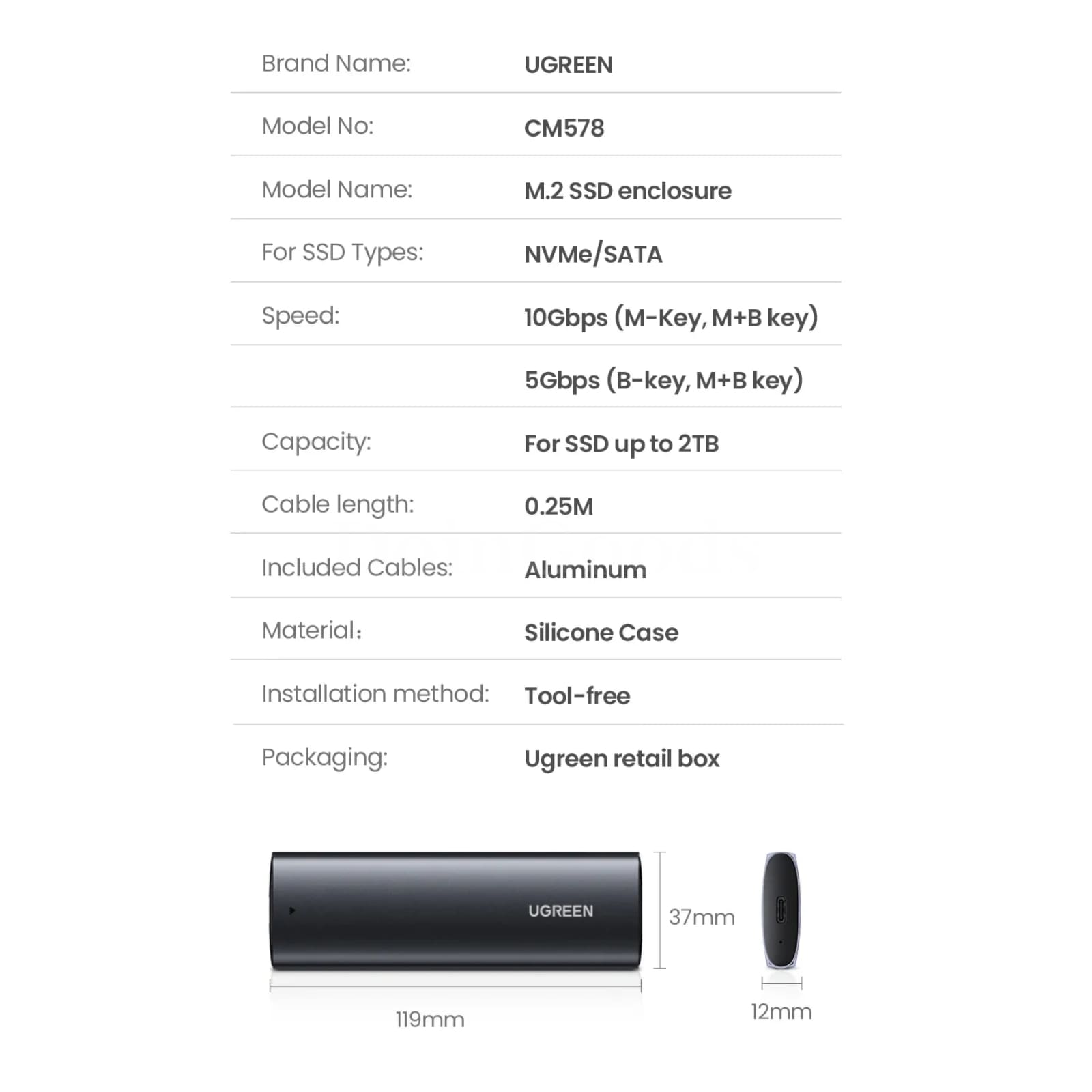 Ugreen M.2 Nvme Ssd Case Adapter 10Gbps Usb C 3.2 Tool-Free External Enclosure 301635