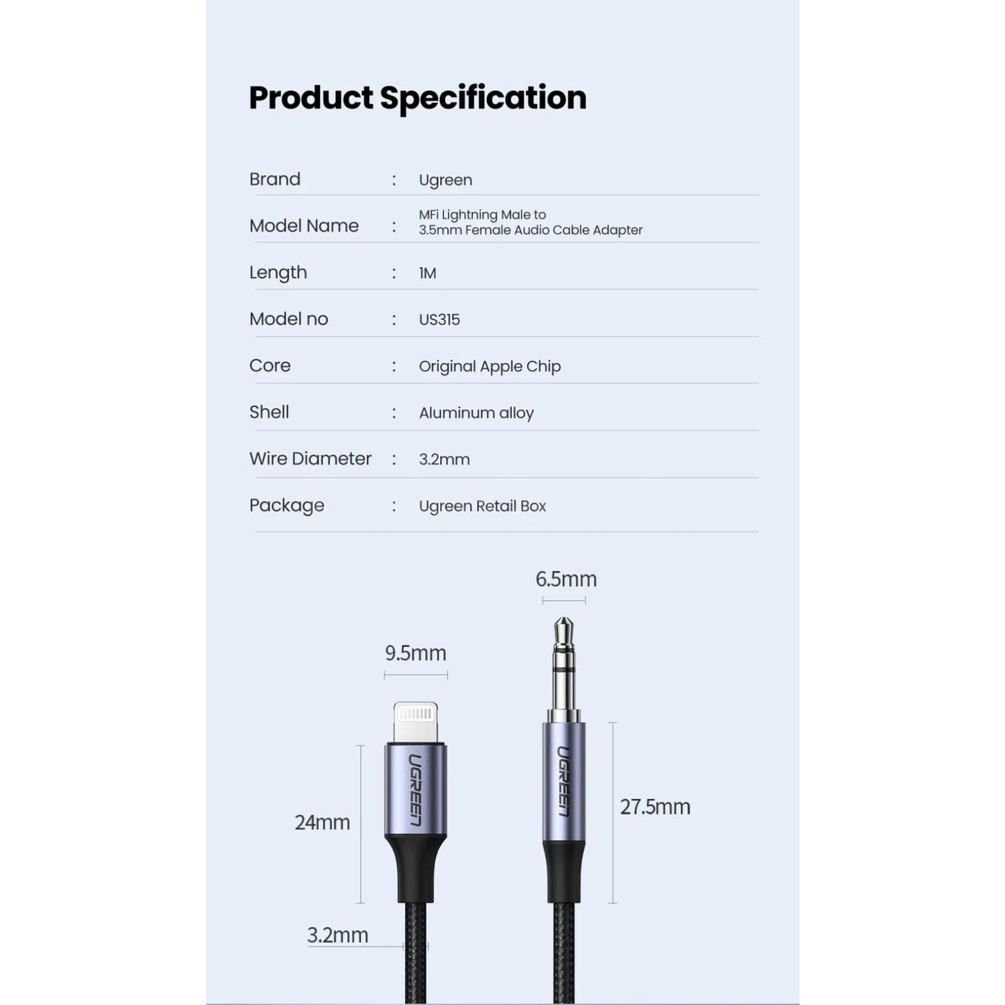 Ugreen Mfi Certified Lightning To 3.5Mm Aux Cable 1M Iphone Car Audio Adapter 301635