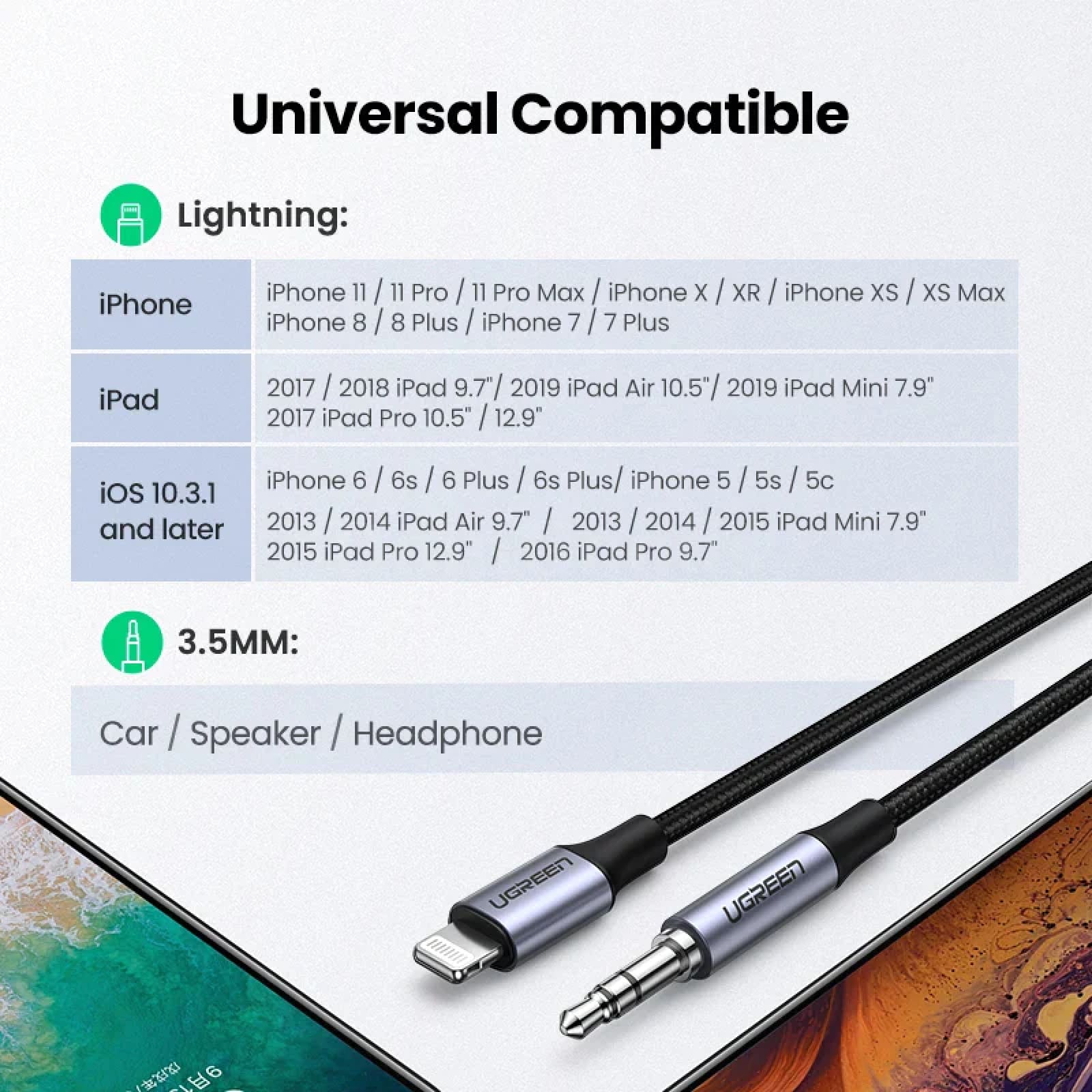 Ugreen Mfi Certified Lightning To 3.5Mm Aux Cable 1M Iphone Car Audio Adapter 301635