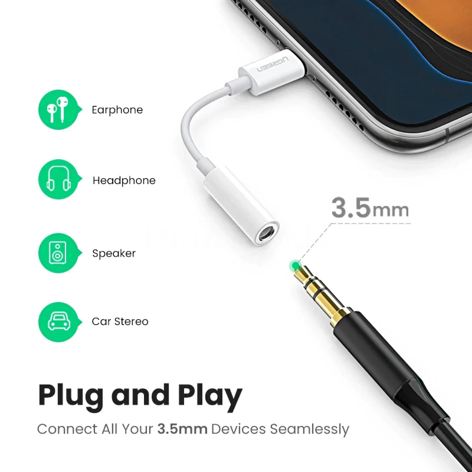 Ugreen Mfi-Certified Lightning To 3.5Mm Jack Adapter Aux Converter For Iphone 301635