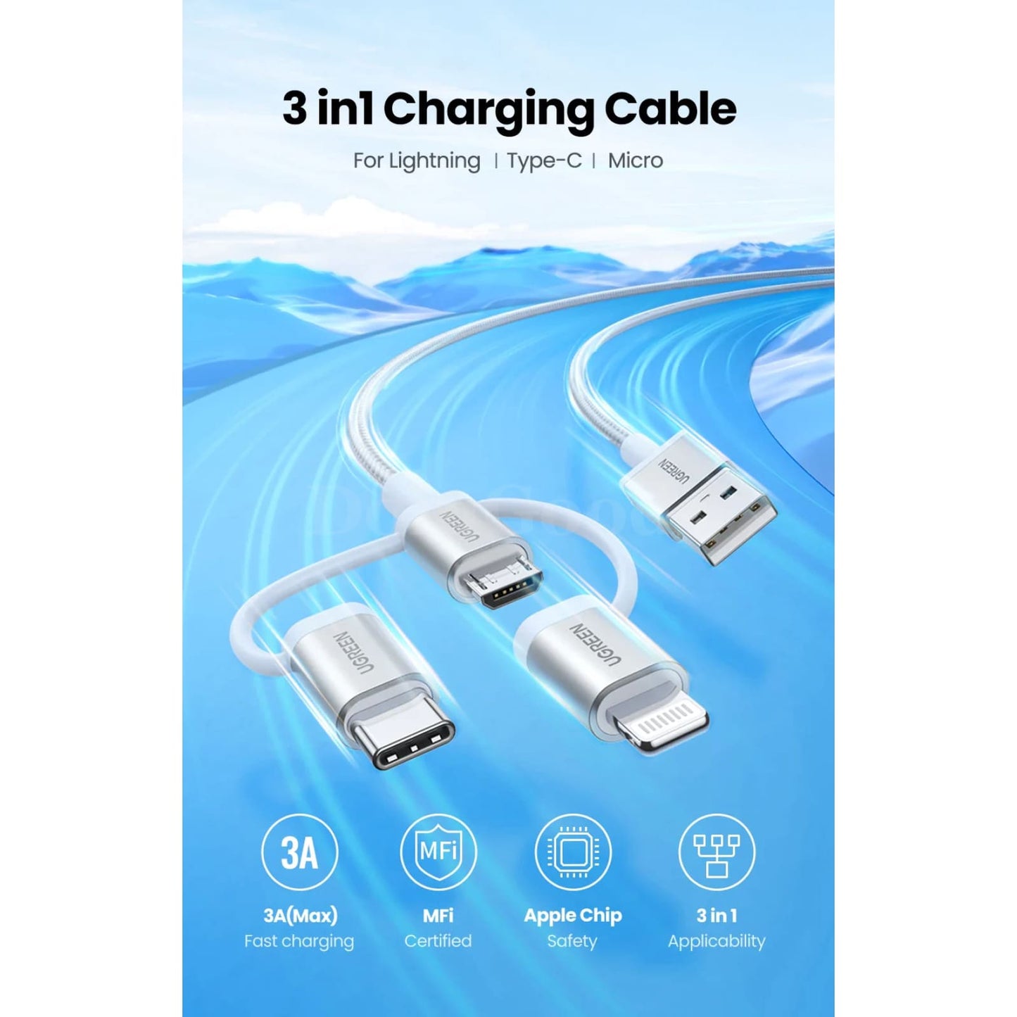 Ugreen Mfi-Certified Usb C To Lightning Micro Cable 3A Fast Charging 3 In 1 301635