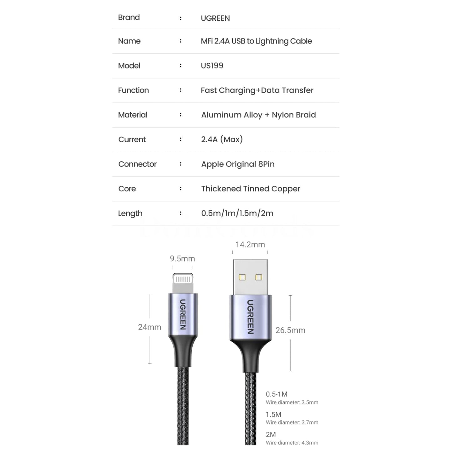 Ugreen Mfi Certified Usb Cable Fast Charging Lightning 2.4A For Iphone Pro Max 301635