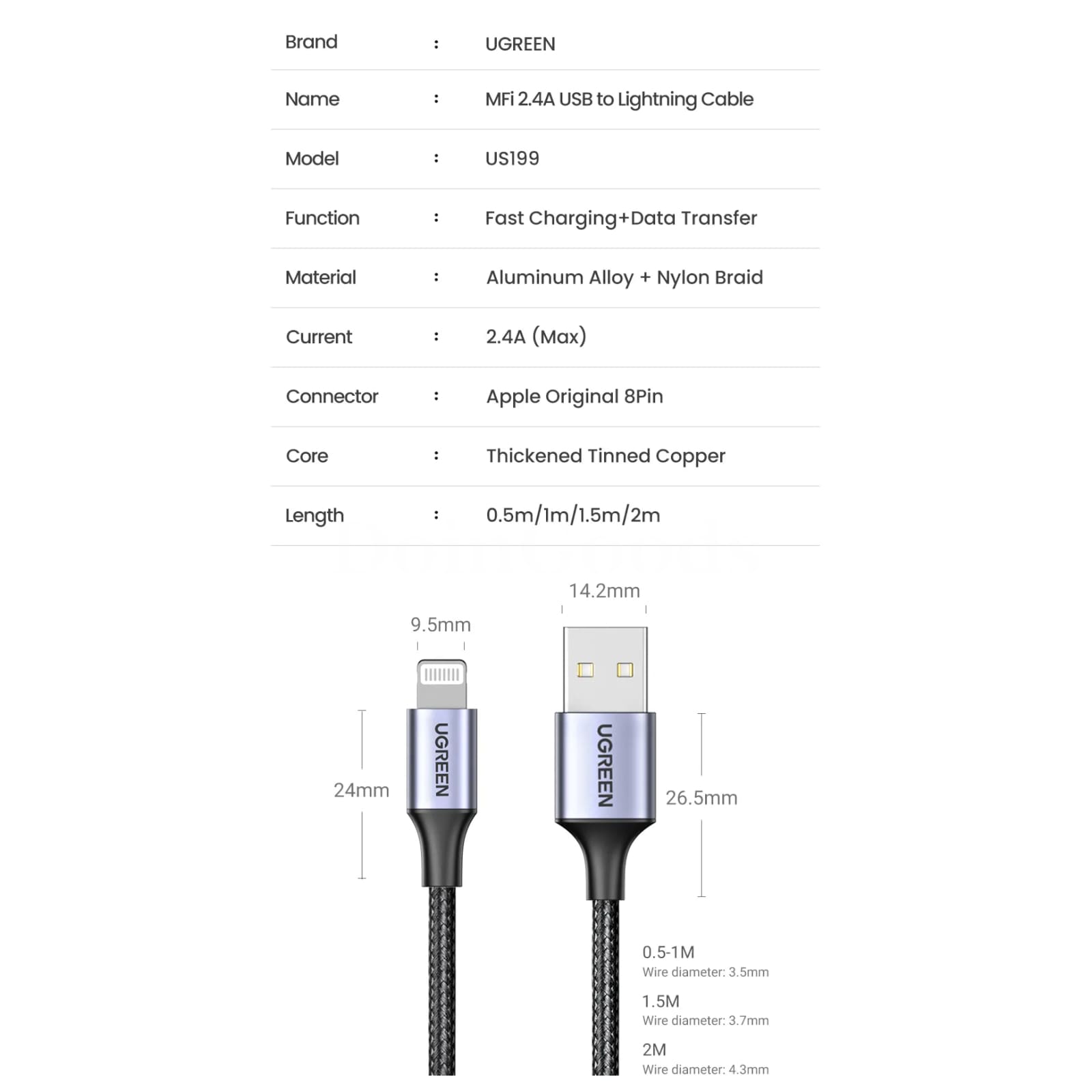 Ugreen Mfi Certified Usb Cable Fast Charging Lightning 2.4A For Iphone Pro Max 301635