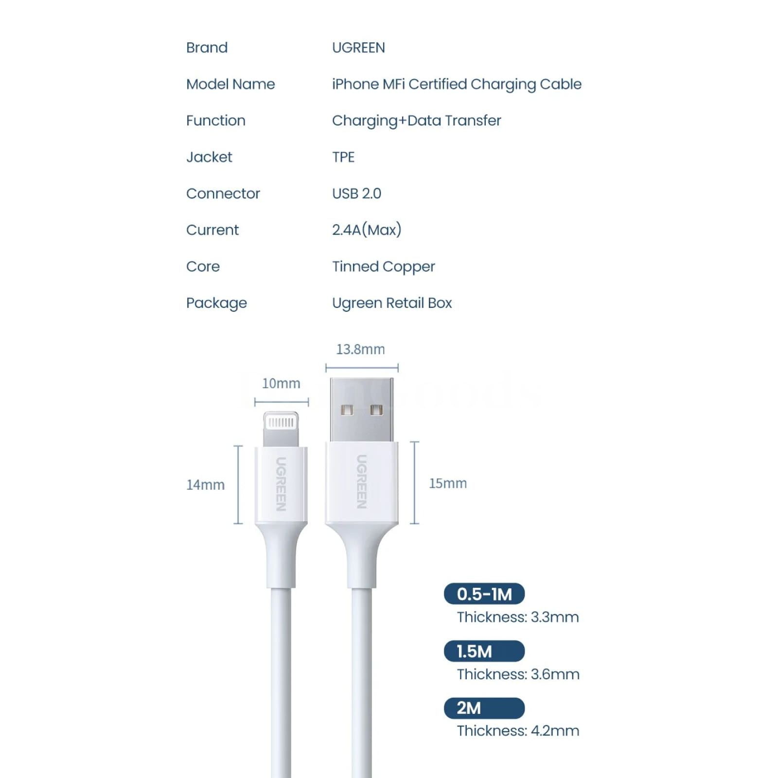 Ugreen Mfi Certified Usb Lightning Cable 2.4A Fast Charging Iphone Pro Max Ipad 301635