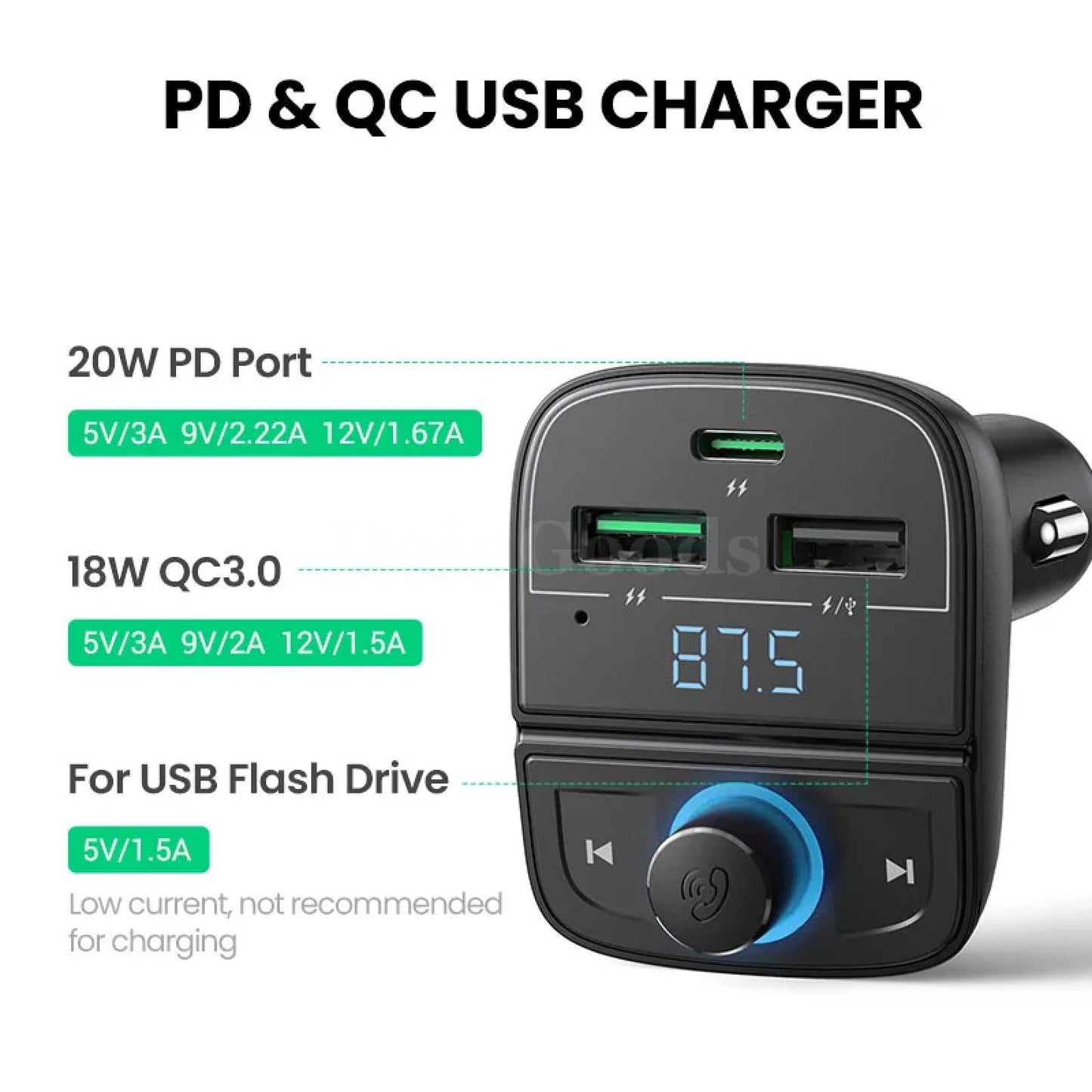 Ugreen Quick Charge 4.0 Car Charger Fm Transmitter Bluetooth Audio Mp3 Player 301635