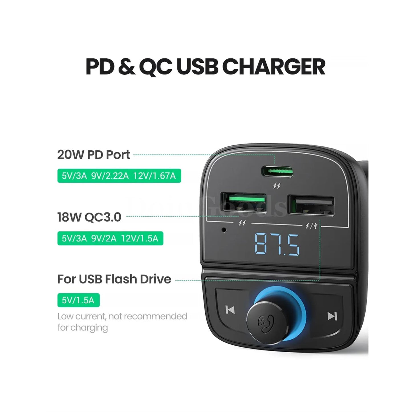 Ugreen Quick Charge 4.0 Car Charger Fm Transmitter Bluetooth Audio Mp3 Player 301635