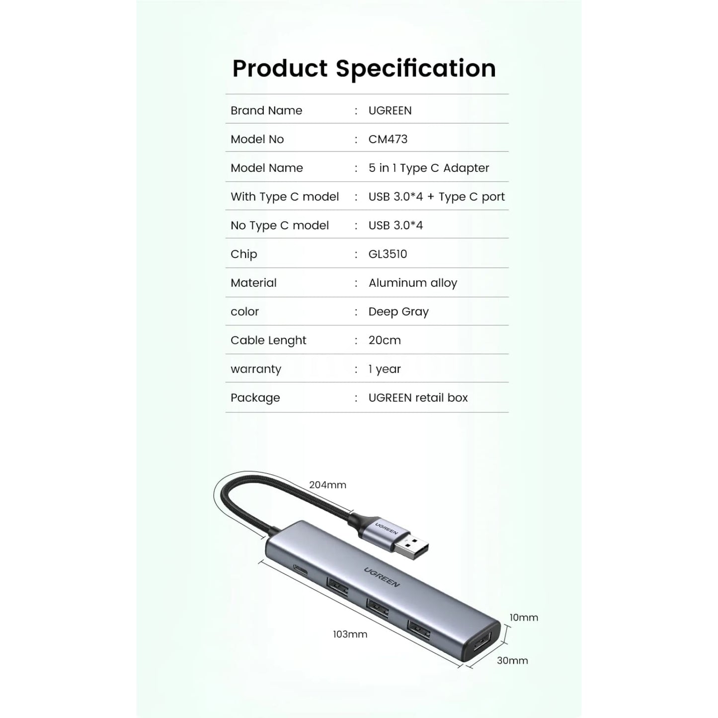 Ugreen Usb 3.0 Hub Type C 4 Ports 5Gbps Adapter For Macbook Pro Air M1 Pc Laptop 301635