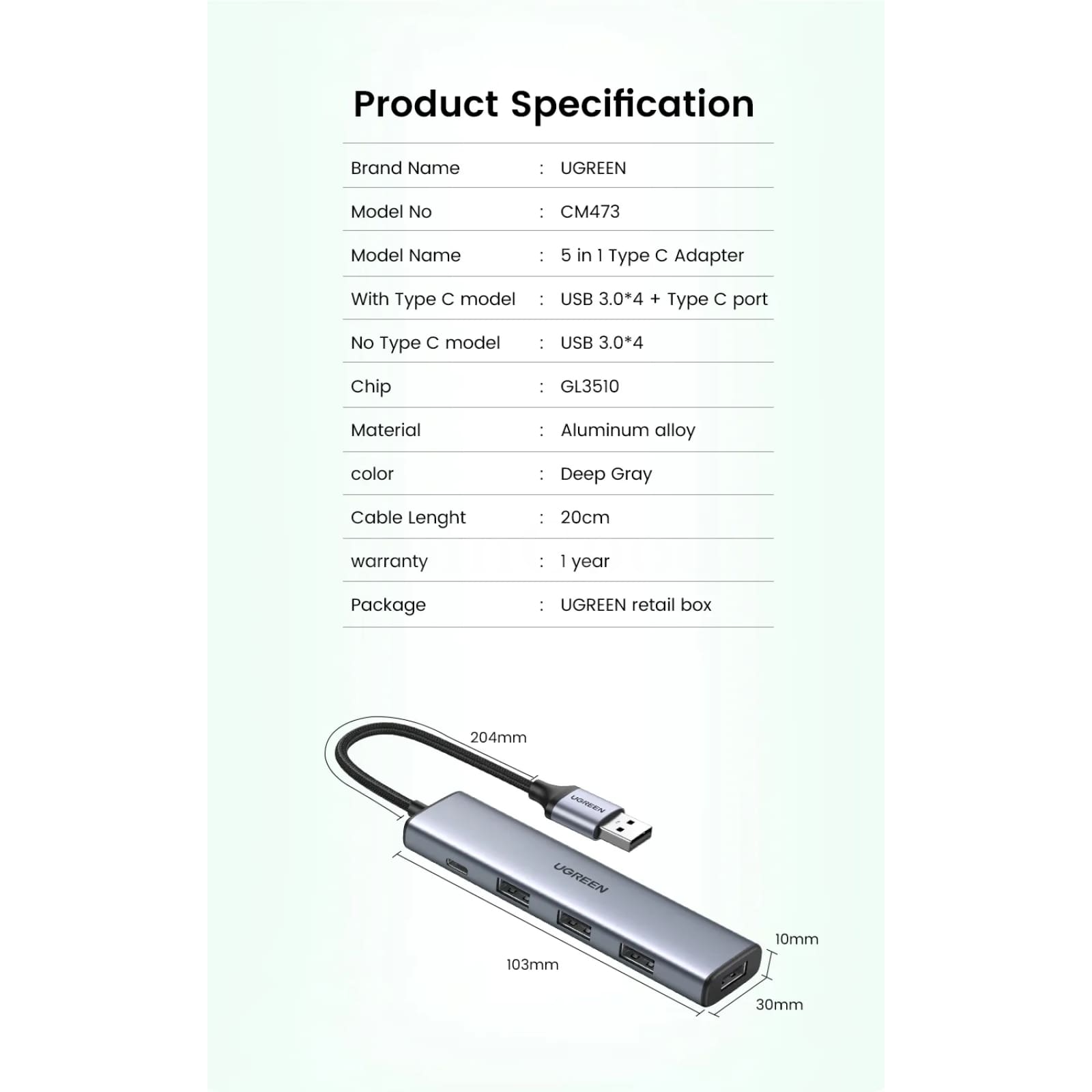 Ugreen Usb 3.0 Hub Type C 4 Ports 5Gbps Adapter For Macbook Pro Air M1 Pc Laptop 301635