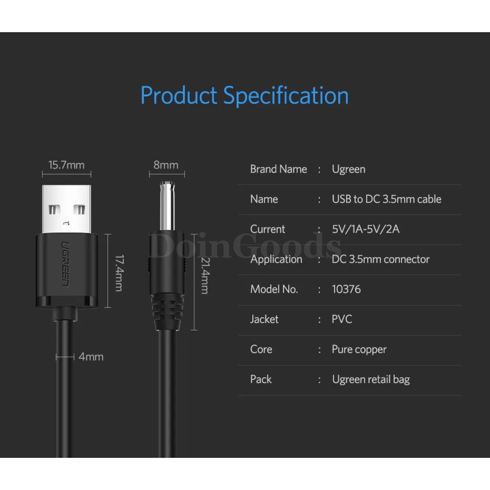 Ugreen Usb A To Dc 3.5Mm Power Cable Jack Connector 5V Supply Charger Adapter 301635