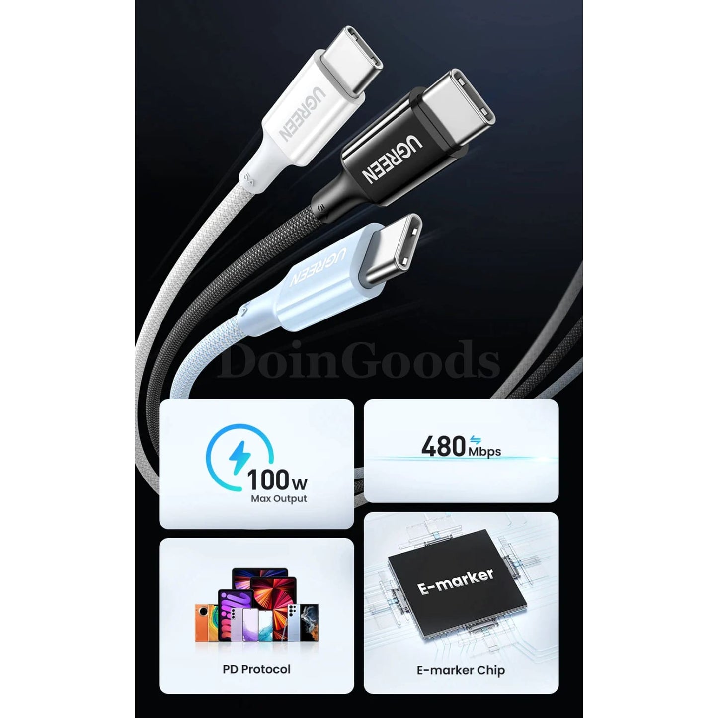 Ugreen Usb C Cable 100W E-Marker Chip 5A Fast Charging Iphone Macbook Samsung 301635