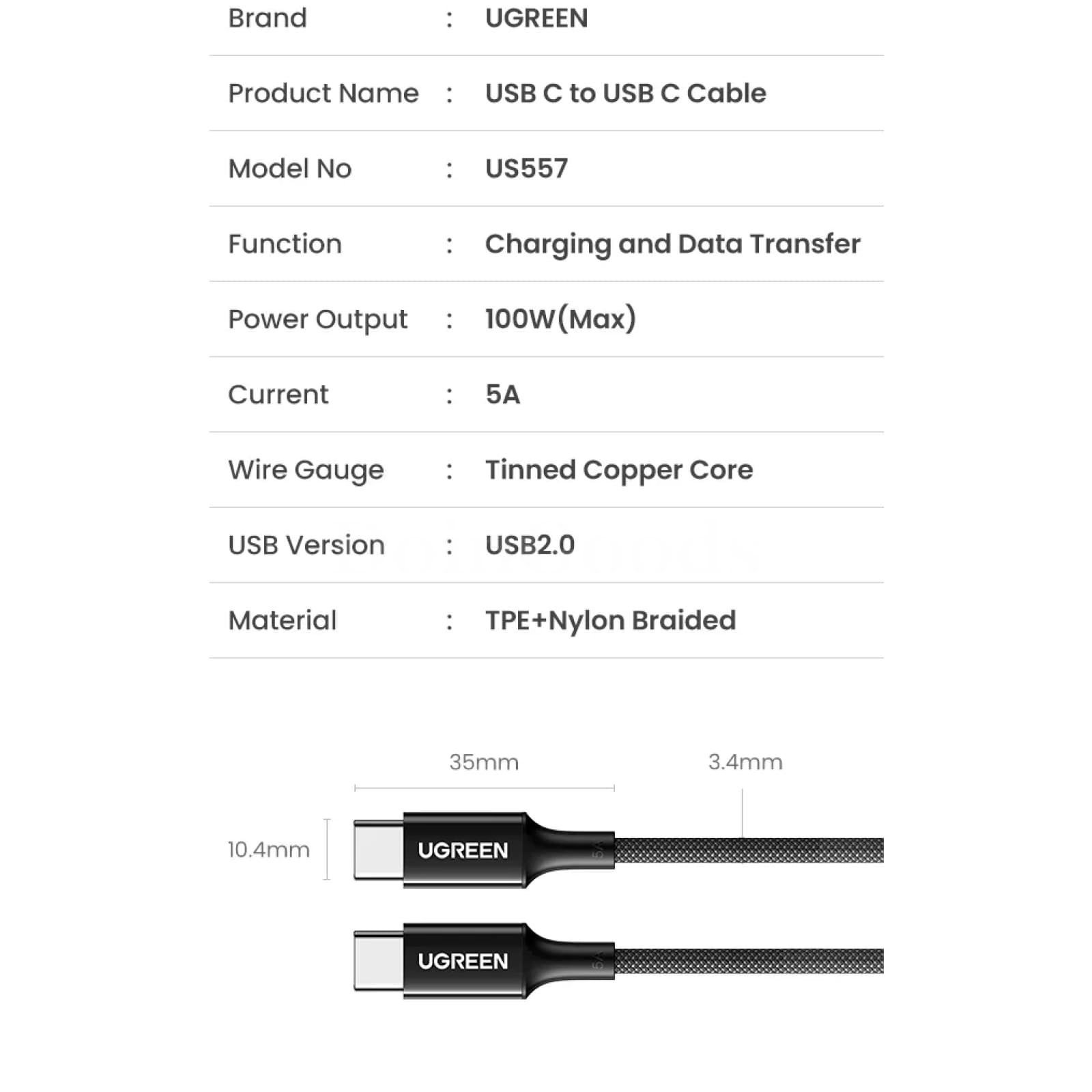 Ugreen Usb C Cable 100W E-Marker Chip 5A Fast Charging Iphone Macbook Samsung 301635