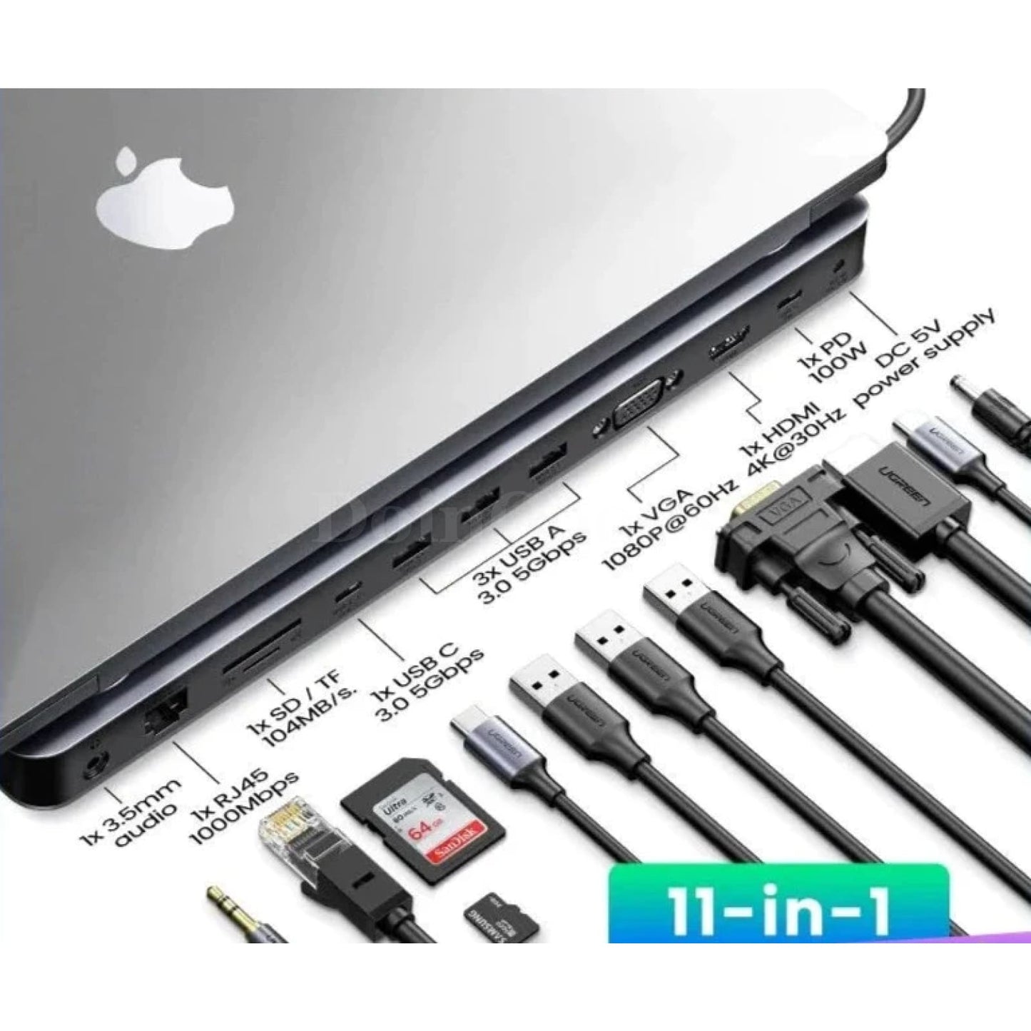 Ugreen Usb C Docking Station 11-In-1 Hub Hdmi 4K Vga Rj45 100W Pd Sd/Tf 3.5Mm 301635