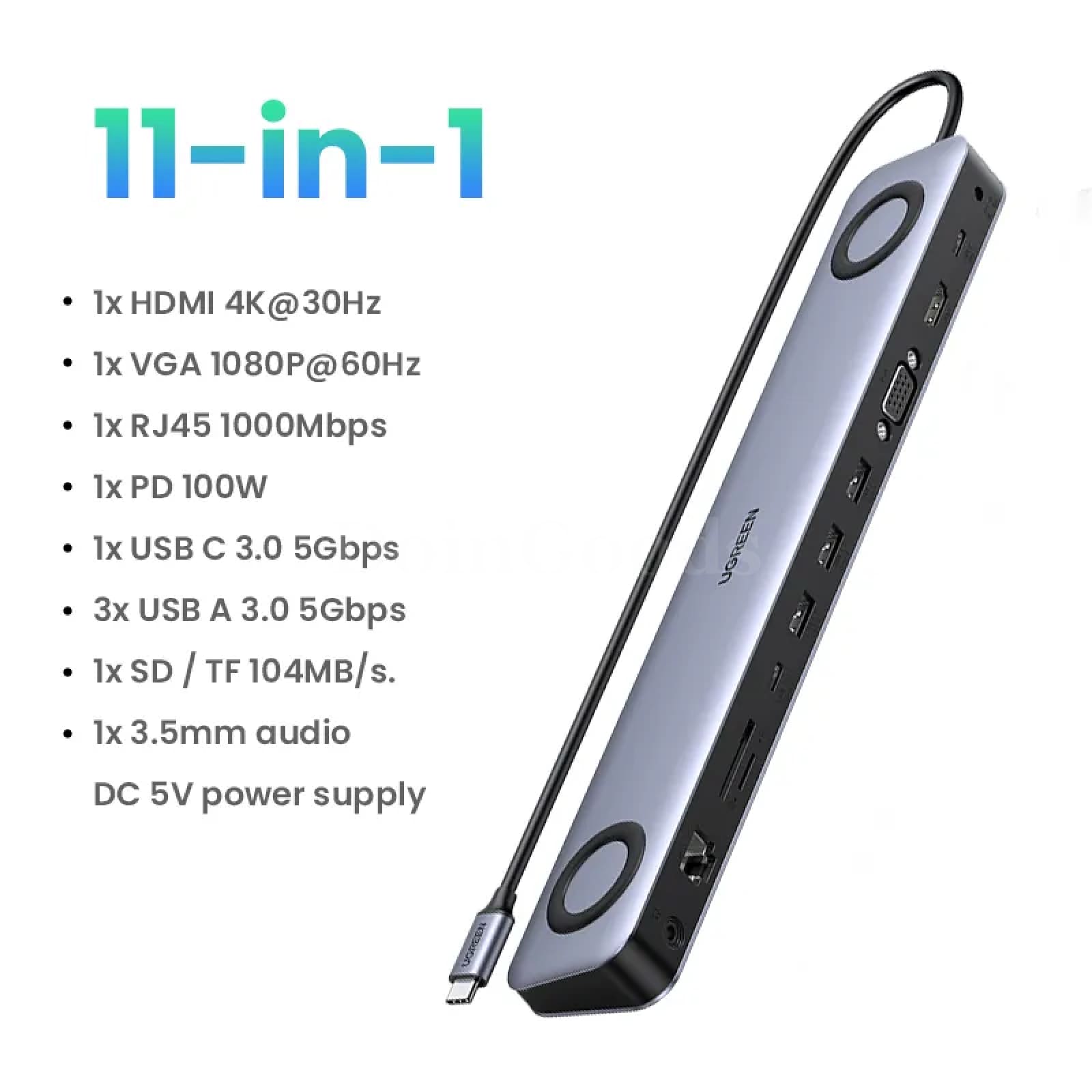 Ugreen Usb C Docking Station 11-In-1 Hub Hdmi 4K Vga Rj45 100W Pd Sd/Tf 3.5Mm 301635