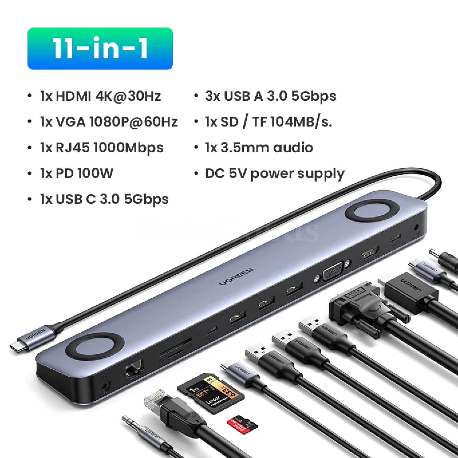 Ugreen Usb C Docking Station 11-In-1 Hub Hdmi 4K Vga Rj45 100W Pd Sd/Tf 3.5Mm 301635