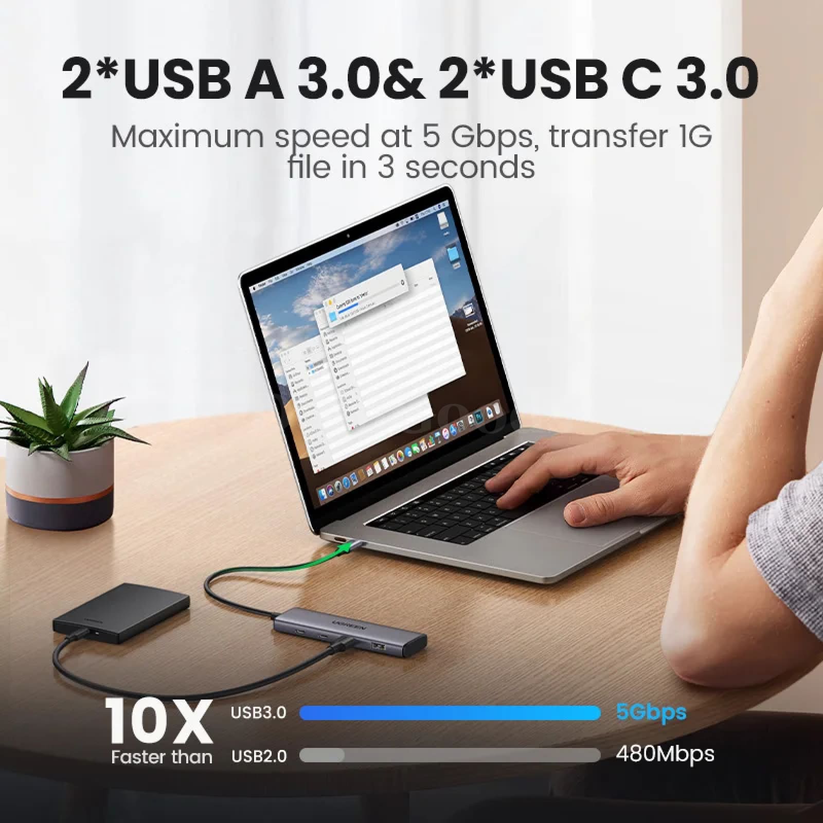 Ugreen Usb C Hub 4 Ports To 2 Usb-C And Usb-A 5Gbps Data 301635