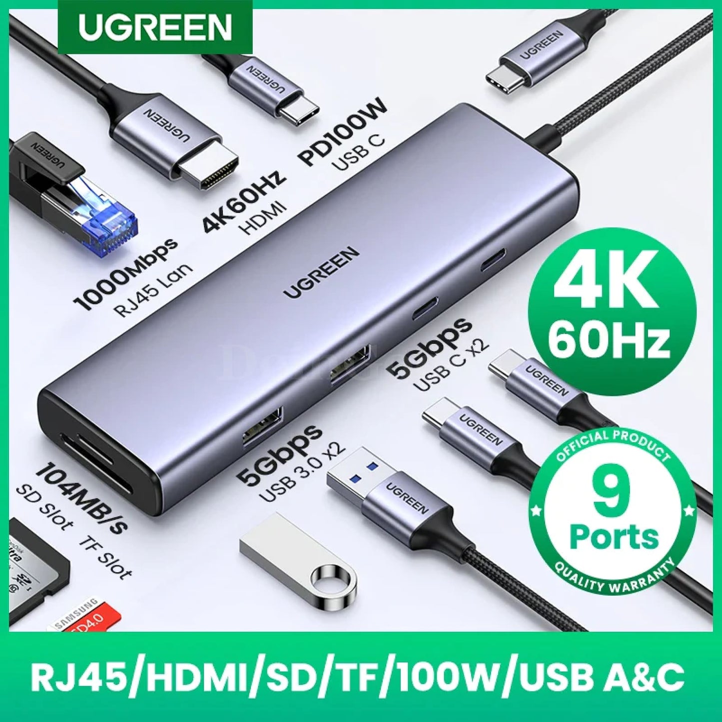 Ugreen Usb C Hub 4K 60Hz Type To Hdmi 2.0 Rj45 Pd 100W Adapter For Macbook Air 301635