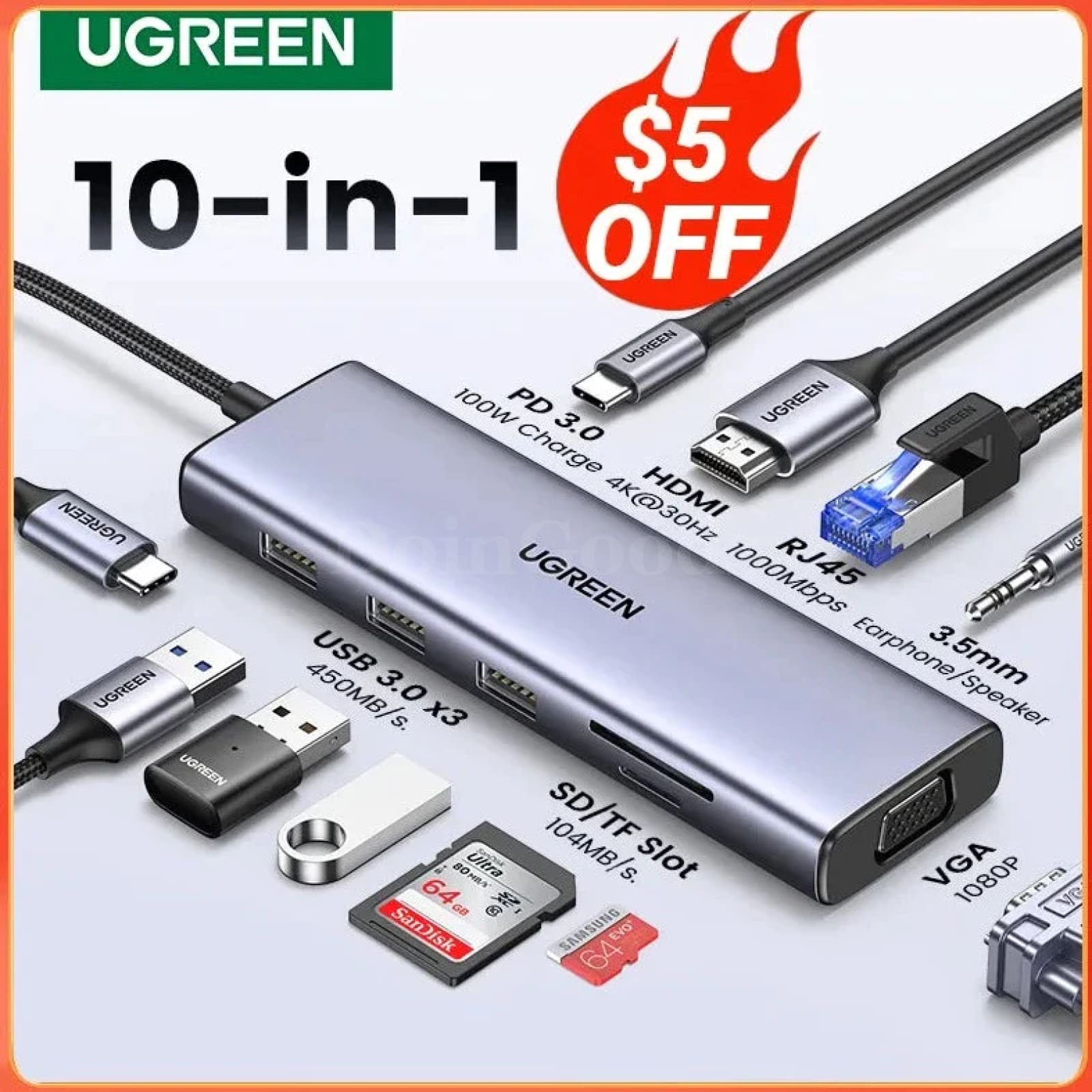 Ugreen Usb-C Hub 4K Hdmi Adapter Rj45 Usb 3.0 Pd 100W Dock Macbook Pro Air M2 M1 301635