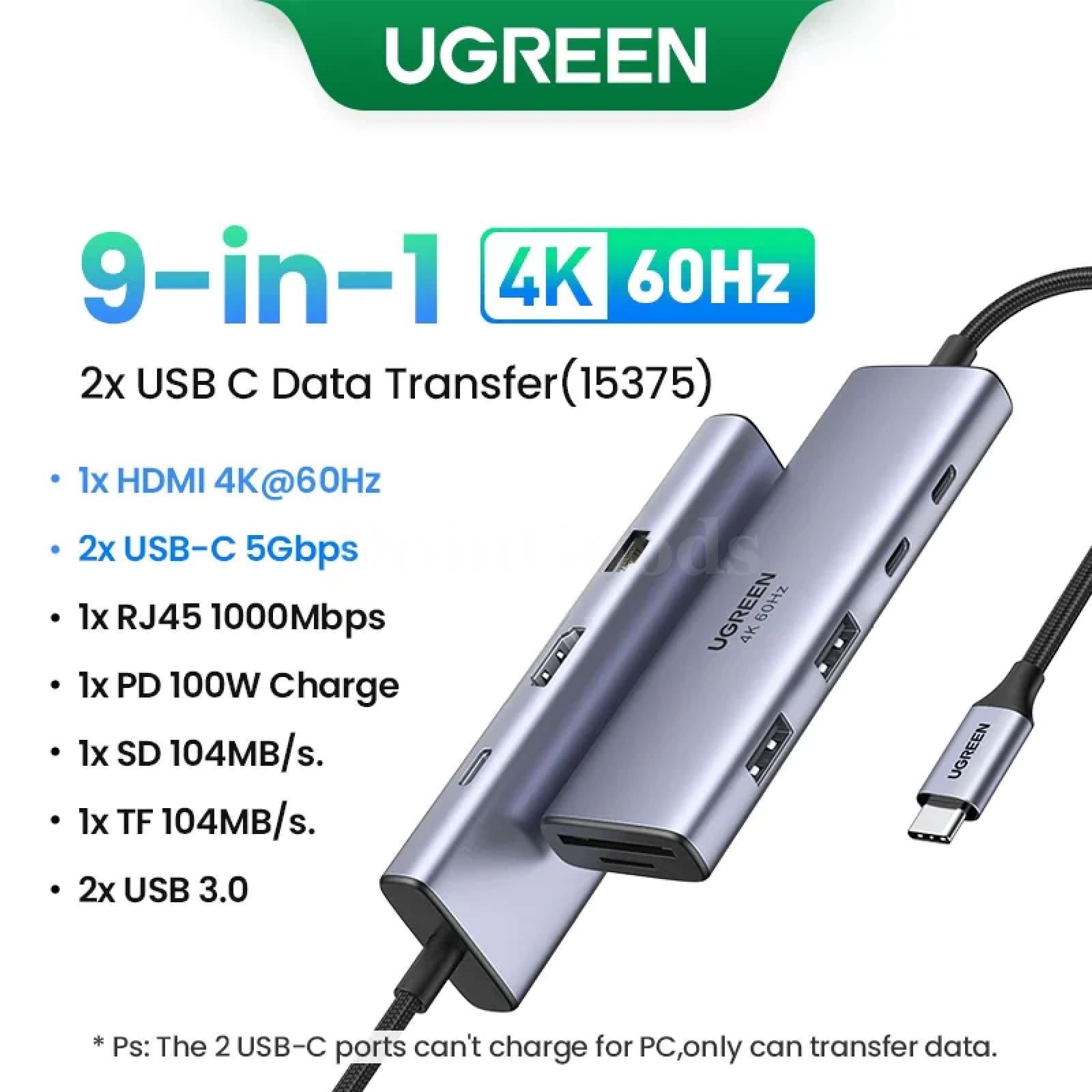 Ugreen Usb C Hub 4K60Hz Hdmi2.0 Rj45 Pd 100W Adapter Macbook Ipad Pro Samsung Pc 9-In-1 2Usb-C