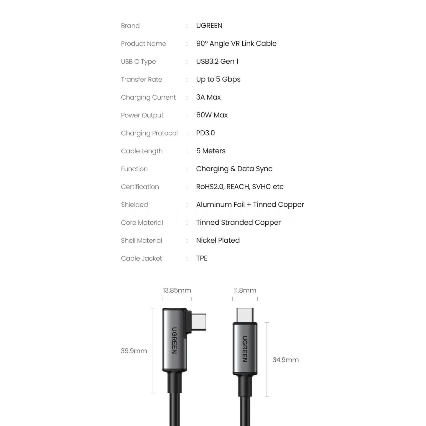 Ugreen Usb C Vr Link Cable Quest 2 Headset High Speed 5Gbps 60W Charging Cord 301635