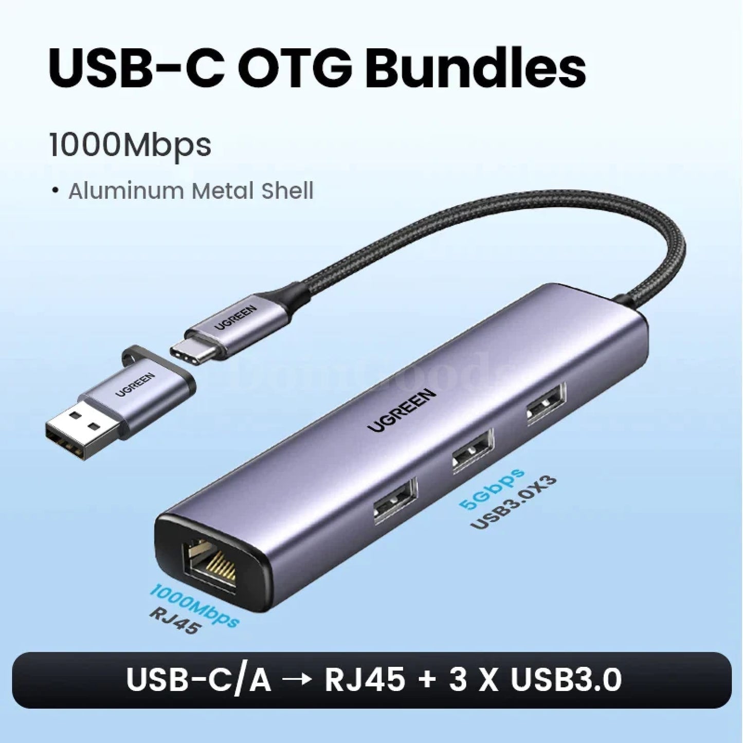 Ugreen Usb Ethernet Adapter 1000/100Mbps 3.0 Hub For Xiaomi Mi Box Macbook Usb-C Otg Bundles 301635