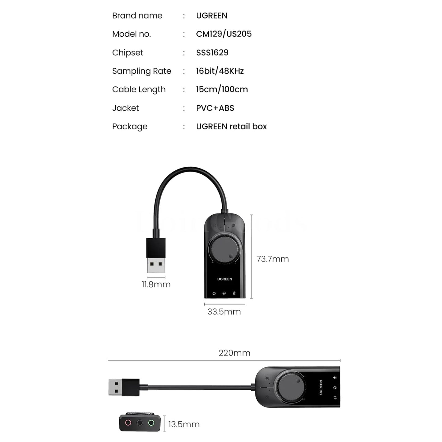 Ugreen Usb Sound Card External 3.5Mm Microphone Audio Adapter Pc Laptop Headset 301635