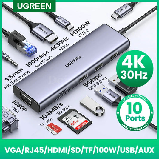 Ugreen Usb Type C Hub 4K Hdmi Adapter Rj45 3.0 Pd 100W Dock Macbook Pro Air 3.1 301635