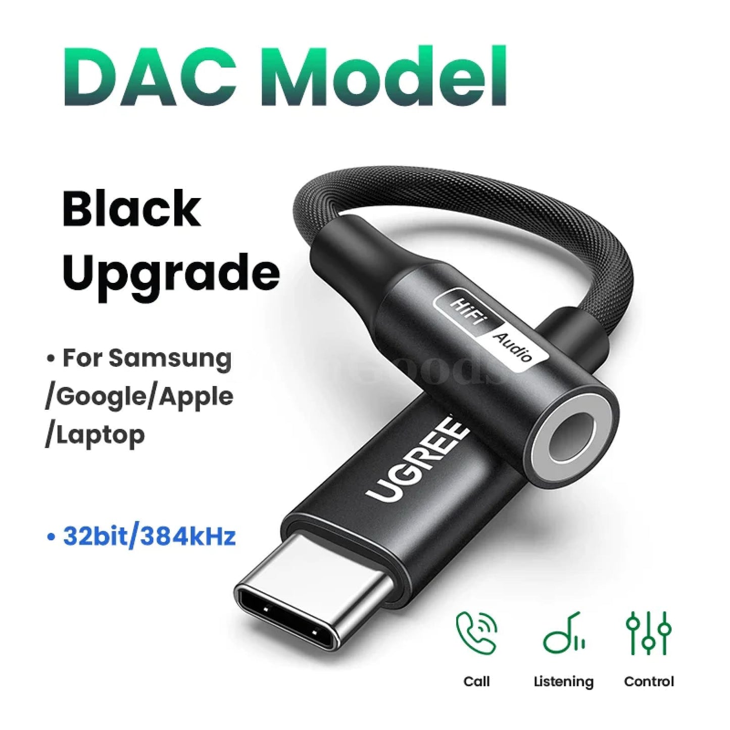 Ugreen Usb Type C To 3.5Mm Earphone Adapter Cable Headphone Audio Xiaomi Huawei Upgrade Dac Black /