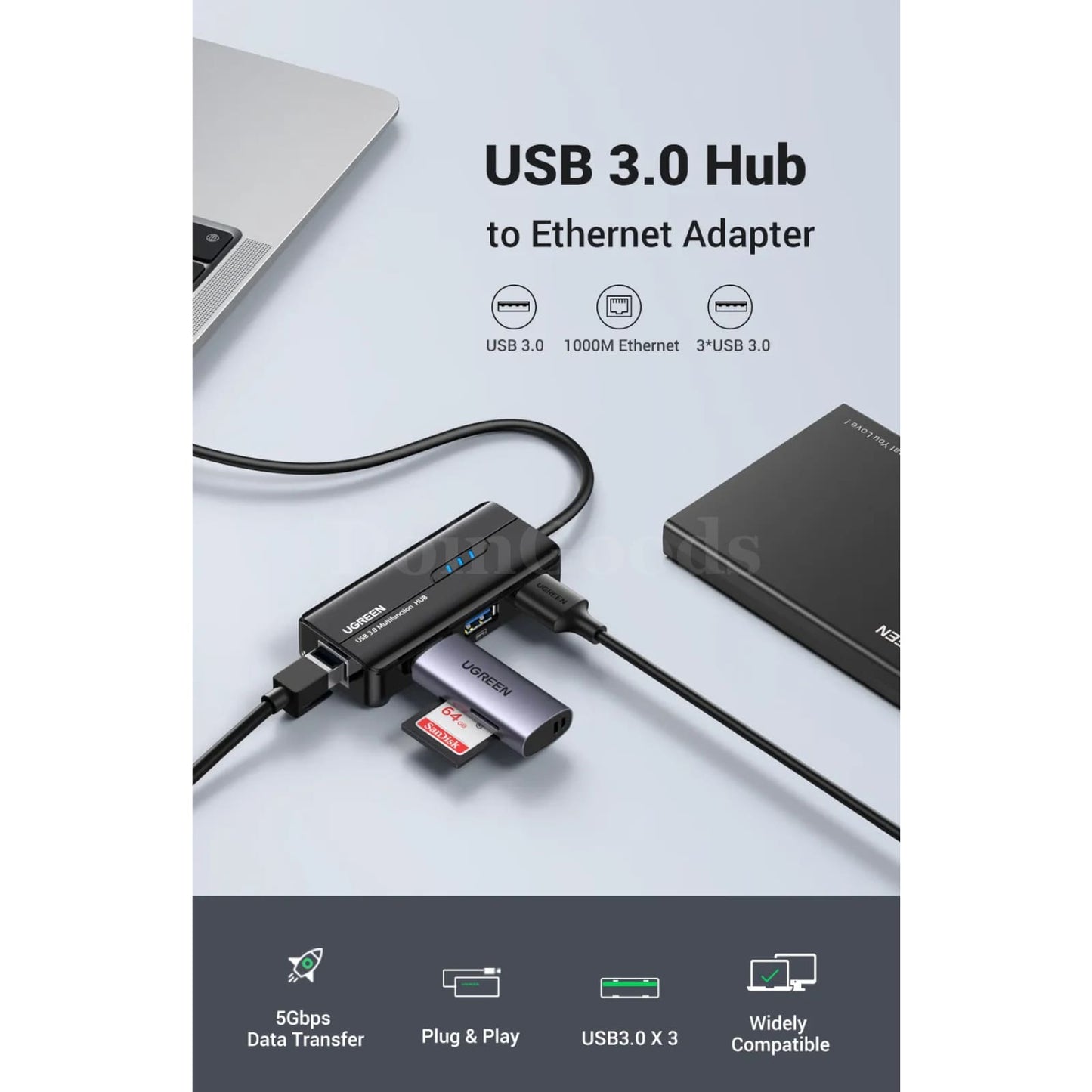 Ugreen Usb3.0 Ethernet Adapter 1000Mbps Rj45 Usb Hub Laptop Xiaomi Mi Box S/3 301635