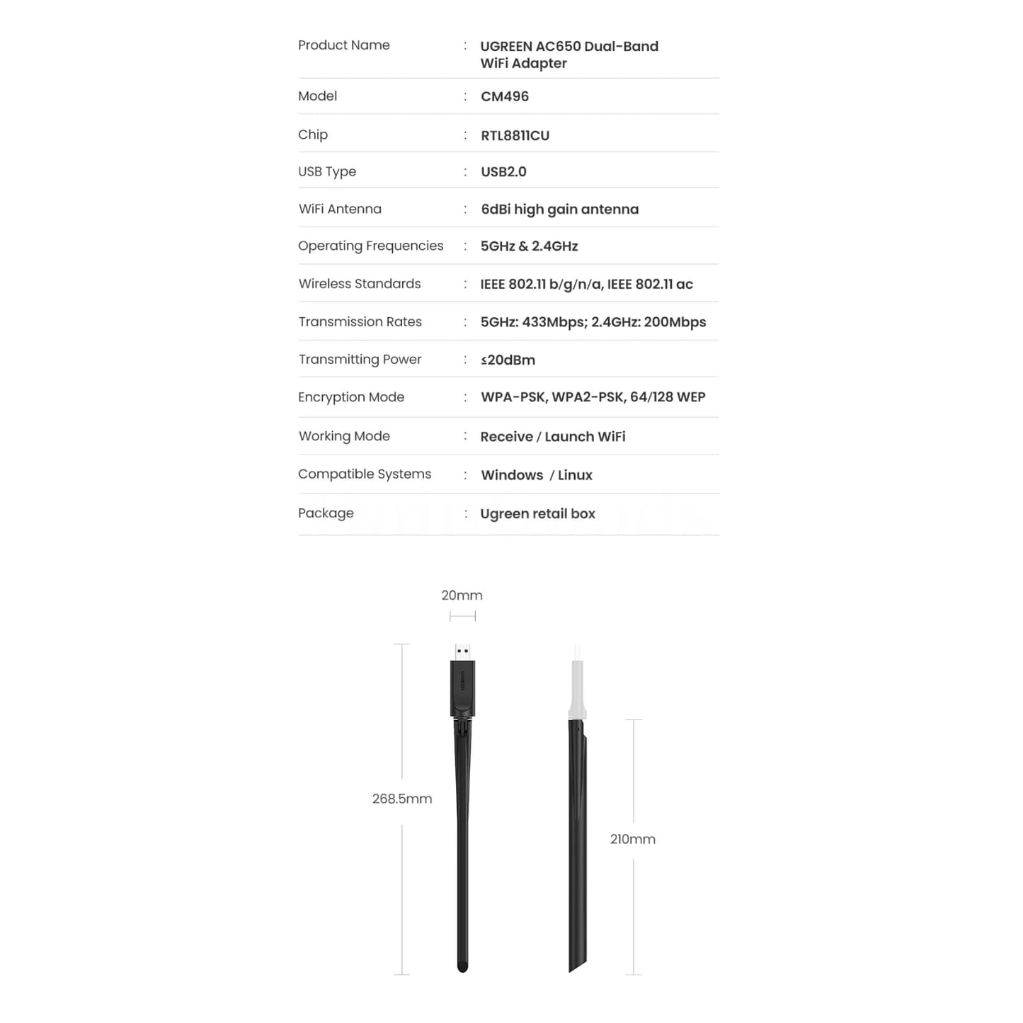 Ugreen Wifi Adapter Ac650/Ac1300 Dual Band 5G&2.4G With 6Dbi Antenna Pc Windows 301635