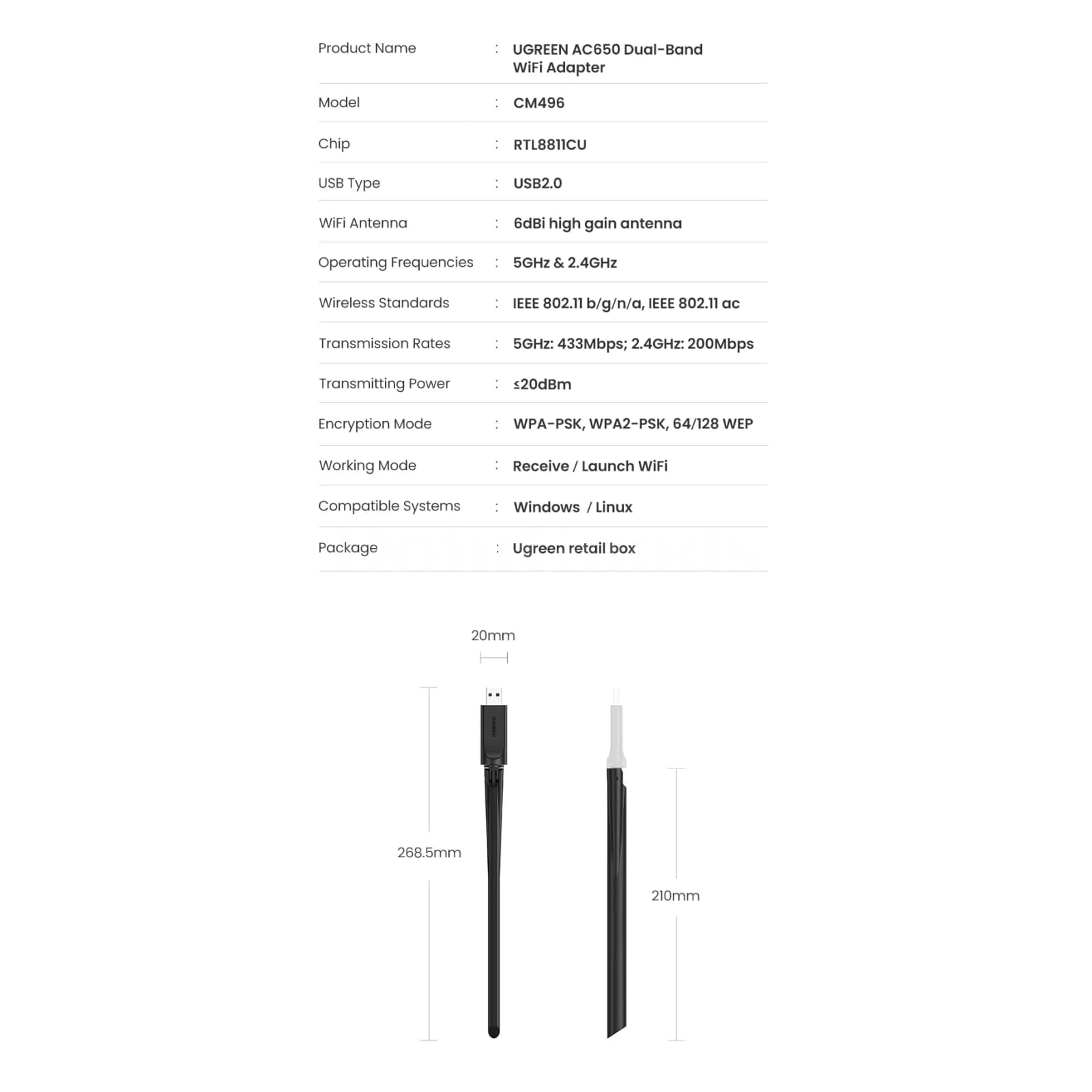 Ugreen Wifi Adapter Ac650/Ac1300 Dual Band 5G&2.4G With 6Dbi Antenna Pc Windows 301635