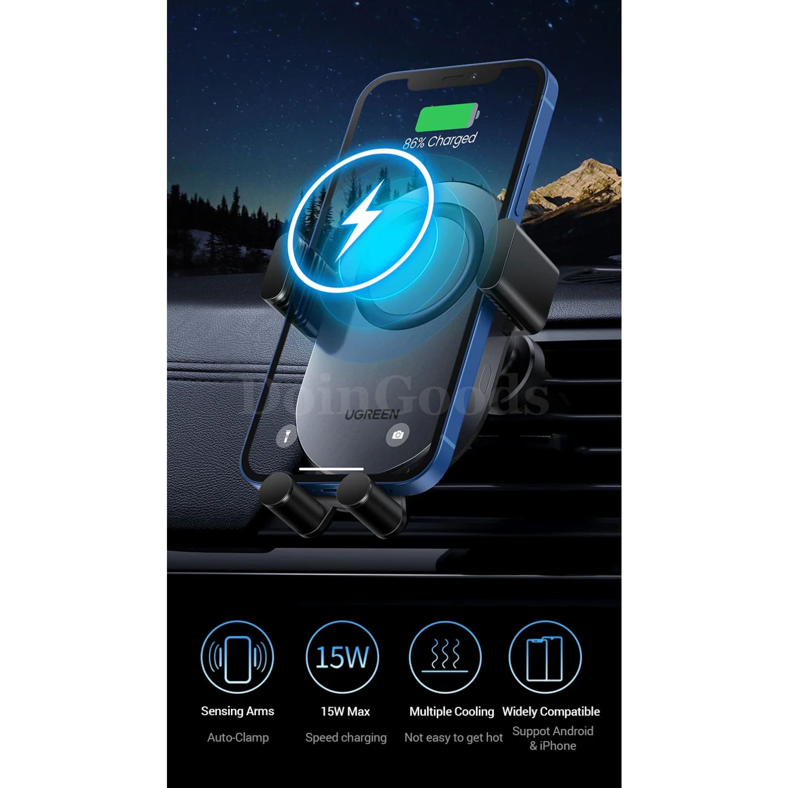 Ugreen Wireless Charger Qi 15W Car Phone Holder Samsung Air Vent Automatic Stand 301635